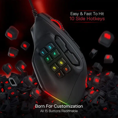 Redragon M811 Aatrox MMO-Gaming-Maus, kabelgebundene RGB-Gamer-Maus mit 15 programmierbaren Tasten und ergonomischer, natürlicher Griffform