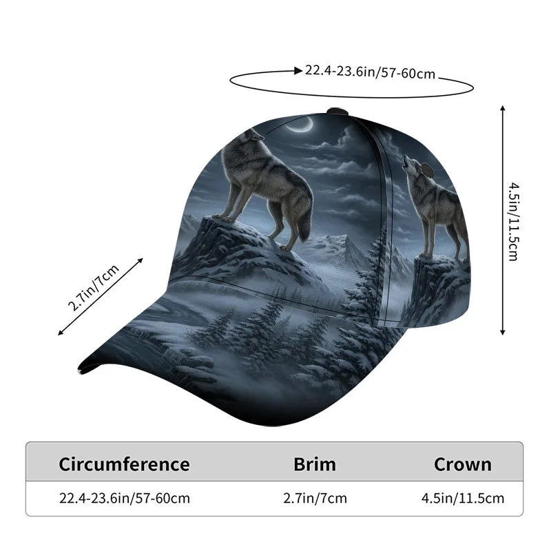 Boné clássico com estampado de lobo a uivar à lua, confortável e ajustável, com pala curva, ideal para uso diário e perfeito para a família