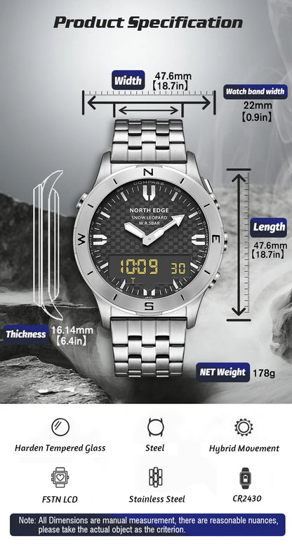 NORTH EDGE digitale Sportuhr für Herren, luxuriöse Business-Uhr für Herren, wasserdicht bis 50M, mit Höhenmesser, Barometer, Kompass und Leuchtanzeige