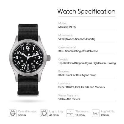 Militado ML05 Vintage Watch VH31 Sweep Second Movement Domed Sapphire Crystal With High Clear AR Coating Luminous 38mm Watches