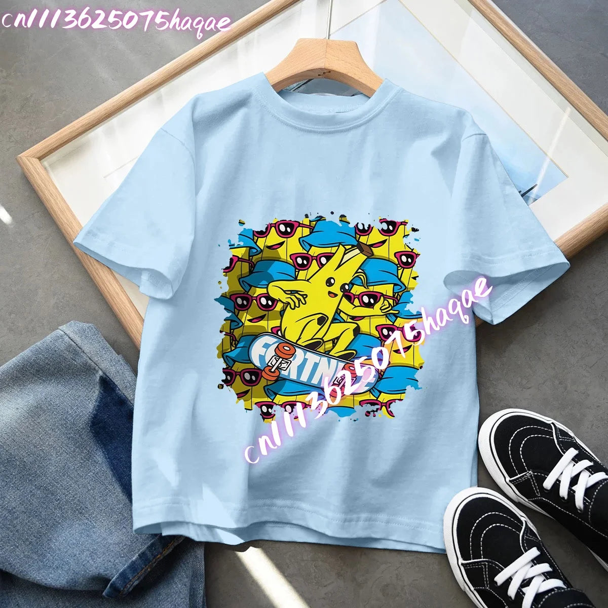 T-shirt azul de algodão Fortnite para criança, camisola de manga curta Fortress Night para bebé, top kawaii com desenho animado para menino e menina, roupa de verão, prenda
