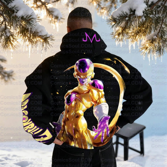 Set felpa con cappuccio nera Dragon Ball Z Frieza Golden Form con stampa posteriore effetto energia viola, in cotone, con logo M
