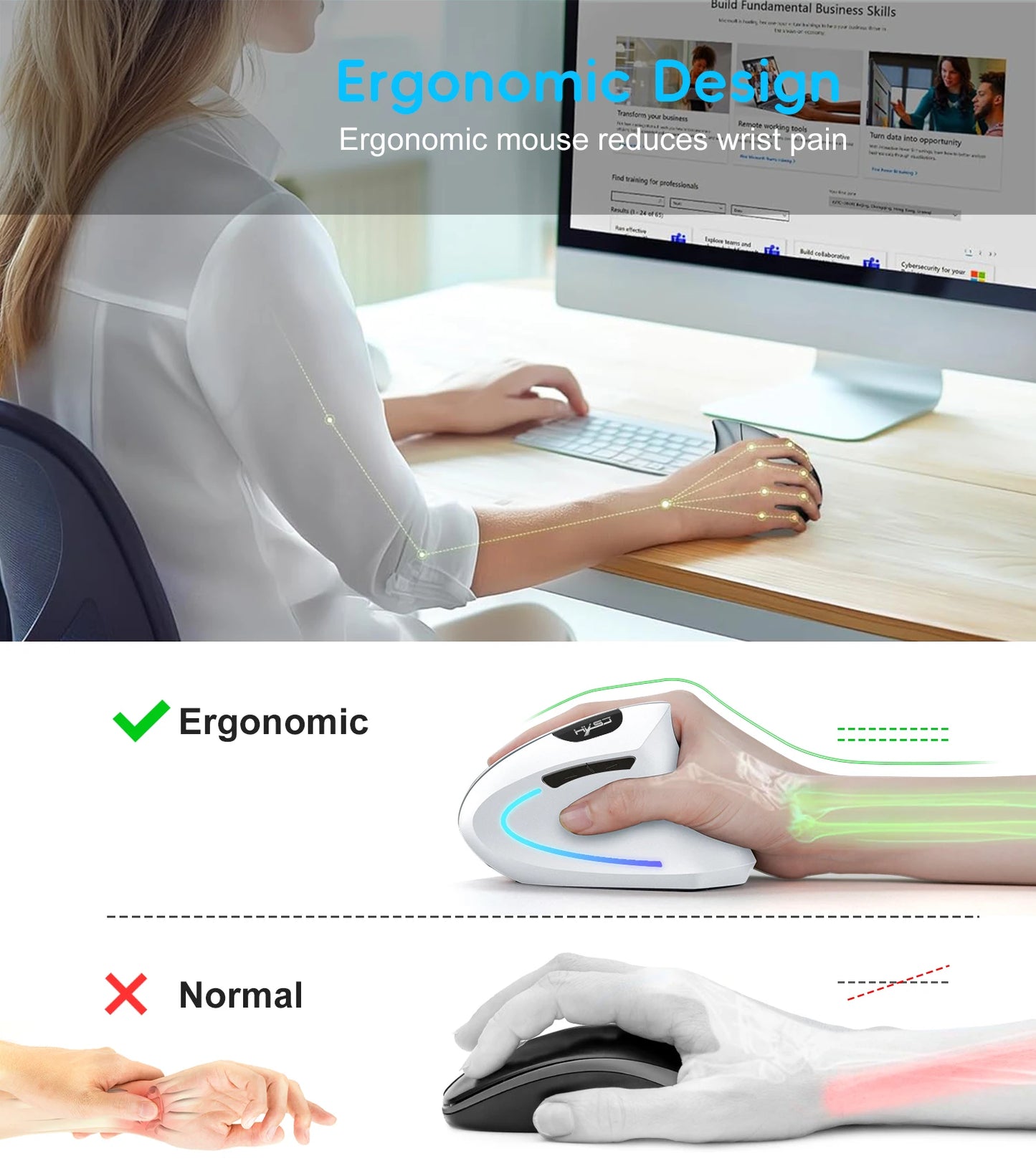 New Dual Mode Wireless Vertical Mouse Bluetooth 5.1 Silent Ergonomic 6 Buttons Type-C 2400DPI Anti-Mouse Hand for Office Laptop