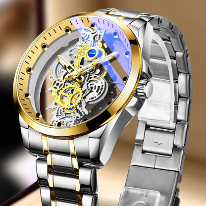 Divatos férfi karóra, kettős nyílású modell, luxus arany színű kivitel, mechanikus tourbillon-utánzat, kvarc szerkezet.