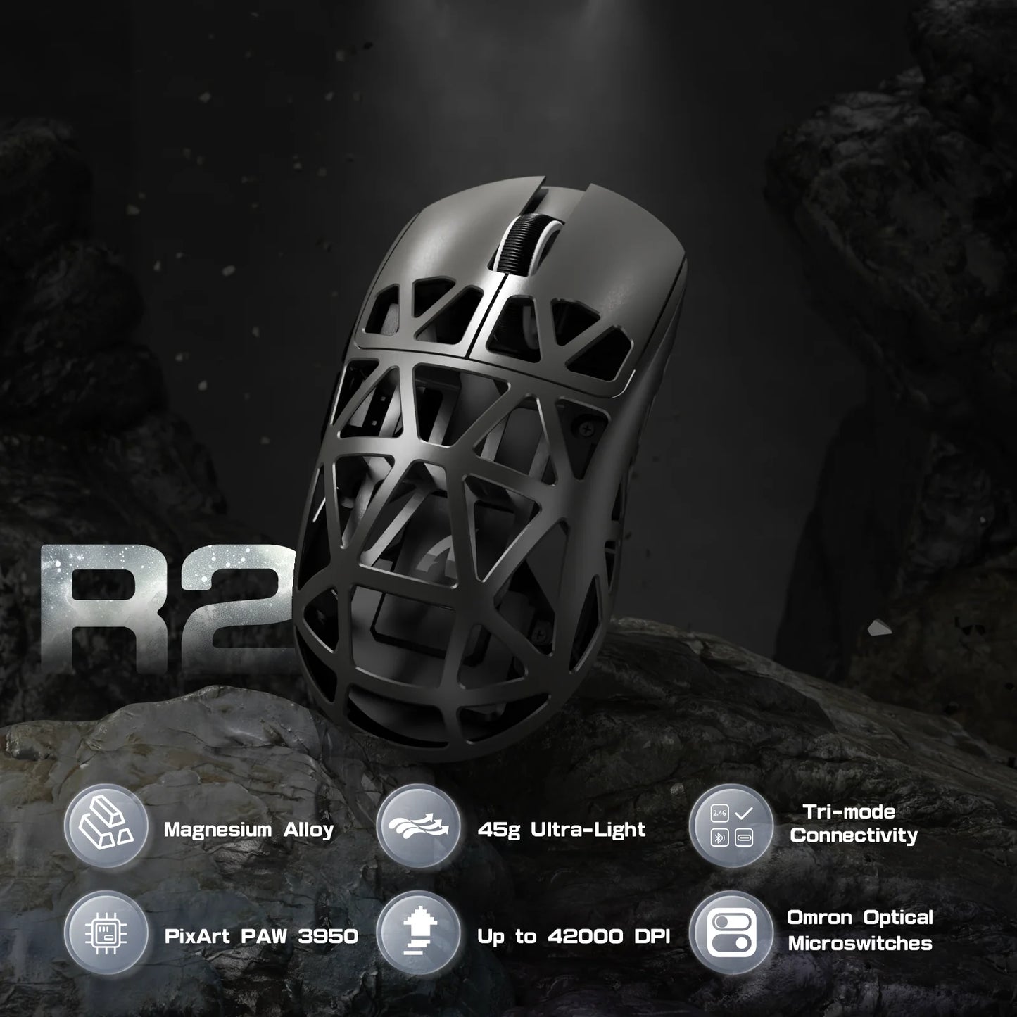 Ratón gaming ATTACK SHARK R2 de aleación de magnesio PAW3950, trimodo, 8000hz, 42000 DPI, ultraligero de 45g, microinterruptores de 100M clics
