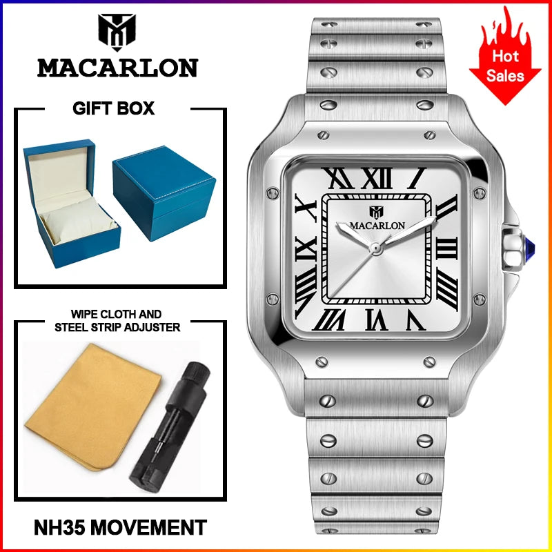 2026 New MACARLON Design 38mm Mechanical Watch Men's Sapphire Glass Luminous Stainless Steel Waterproof China NH35 Automatic Watch