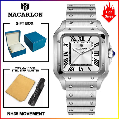 2026 New MACARLON Design 38mm Mechanical Watch Men's Sapphire Glass Luminous Stainless Steel Waterproof China NH35 Automatic Watch