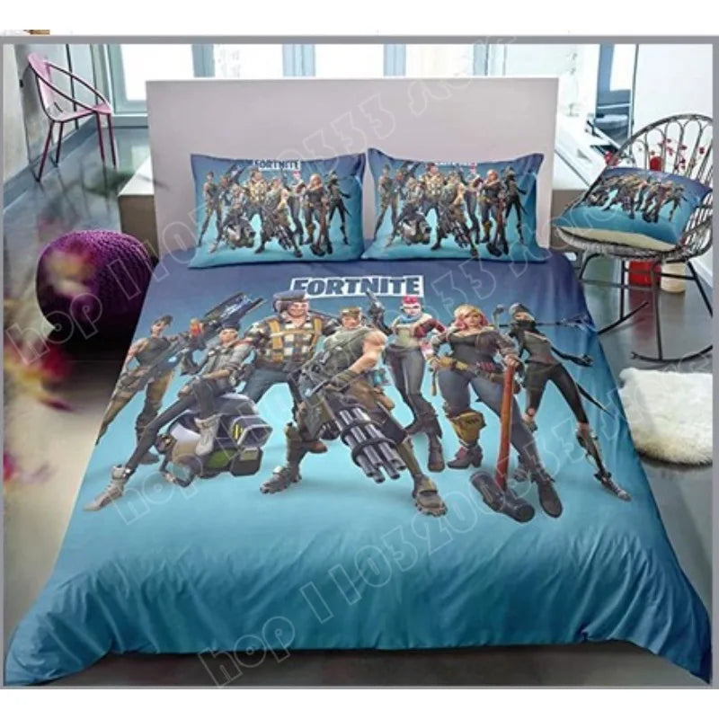 Fortnite-Bettwäsche-Set, 3-teilig, 3D-Druck, Bettwäsche für Schlafzimmer, Gaming-Cartoon-Dekor, Bettbezug und Kissenbezug, Geburtstagsgeschenk