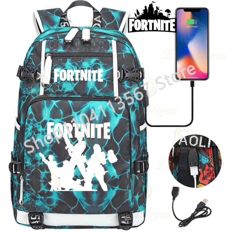 Mochila Yule Trooper F-Fortnited Battle Royale com carregamento USB, figuras anime e compartimento para material escolar para estudantes