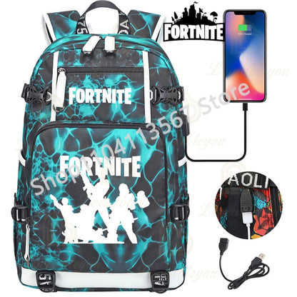 Mochila Yule Trooper F-Fortnited Battle Royale com carregamento USB, figuras anime e compartimento para material escolar para estudantes