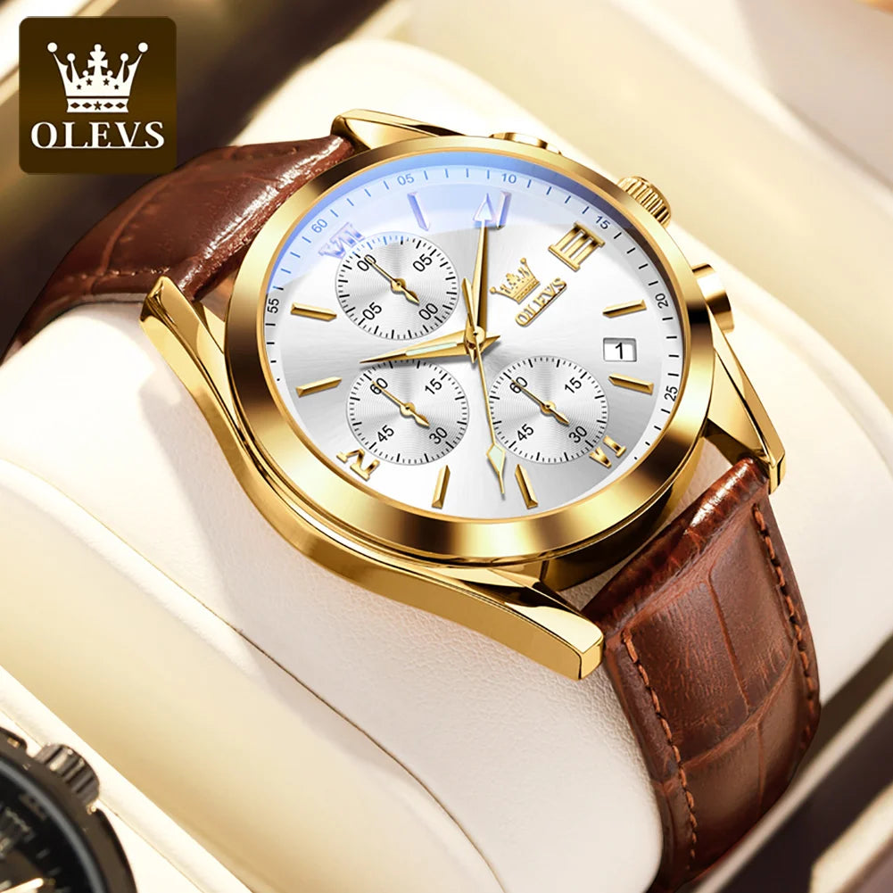 Vyriškas chronografinis rankinis laikrodis „OLEVS 2872“ – odinis dirželis, atsparus vandeniui, šviečiantys rodyklės, kvarcinis mechanizmas, prabangus sportinis stilius