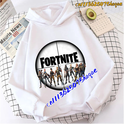 Hoodies infantis Fortnite com estampado do jogo, fato confortável de desenho animado, tops largos de manga comprida, roupa de outono/inverno