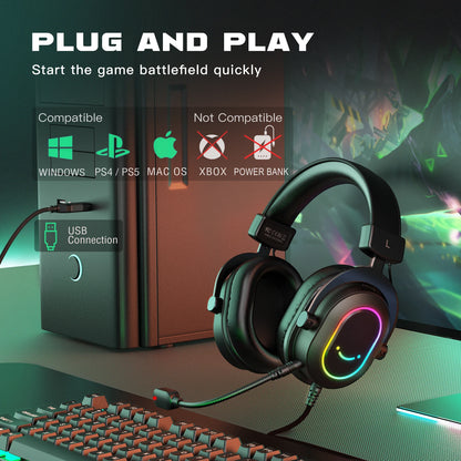 Auscultadores Gaming FIFINE RGB com Microfone – Auscultadores com Fios Over-Ear e Som Surround 7.1 para PC, PS4 e PS5 com 3 Modos EQ