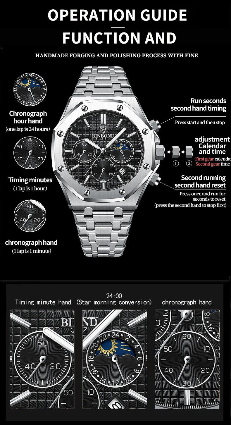 BINBONG B0161 Top Brand Man Business Quartz Watch Chronograph Wristwatch Stainless Steel Strap 30M Waterproof Luxury Men Watch