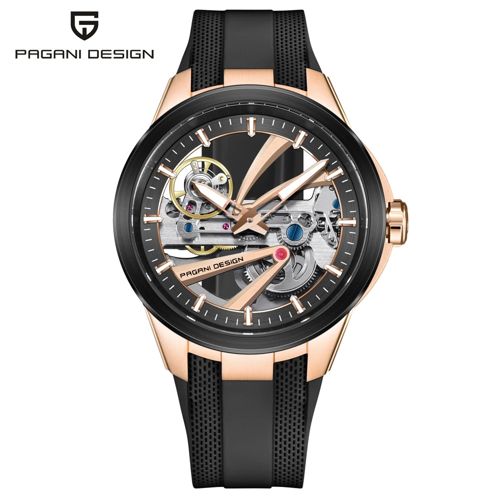 Zegarek męski PAGANI DESIGN – luksusowy model z mechanizmem automatycznym typu „skelet” (z widocznym mechanizmem), wyposażony w tourbillon, szkło szafirowe z powłoką antyrefleksyjną, wodoodporny i luminescencyjny.