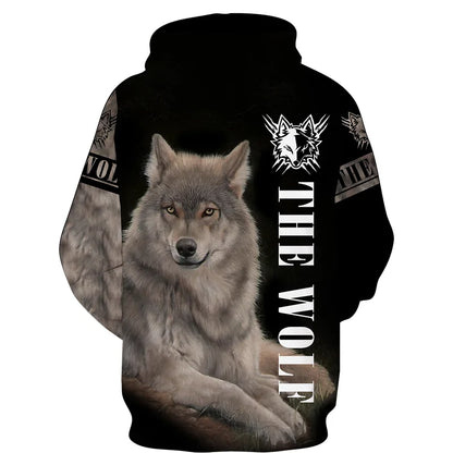 Sweat à capuz com fecho e estampado 3D de lobo, estilo streetwear, para homem/mulher, casaco com capuz unissexo casual hip-hop