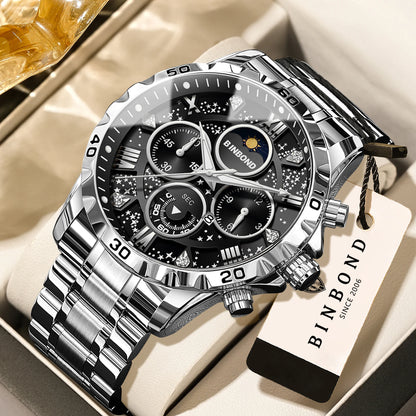 Montres à quartz de marque originale BINBOND pour hommes, montre chronographe de luxe lumineuse en acier inoxydable pour hommes, montre élégante pour hommes