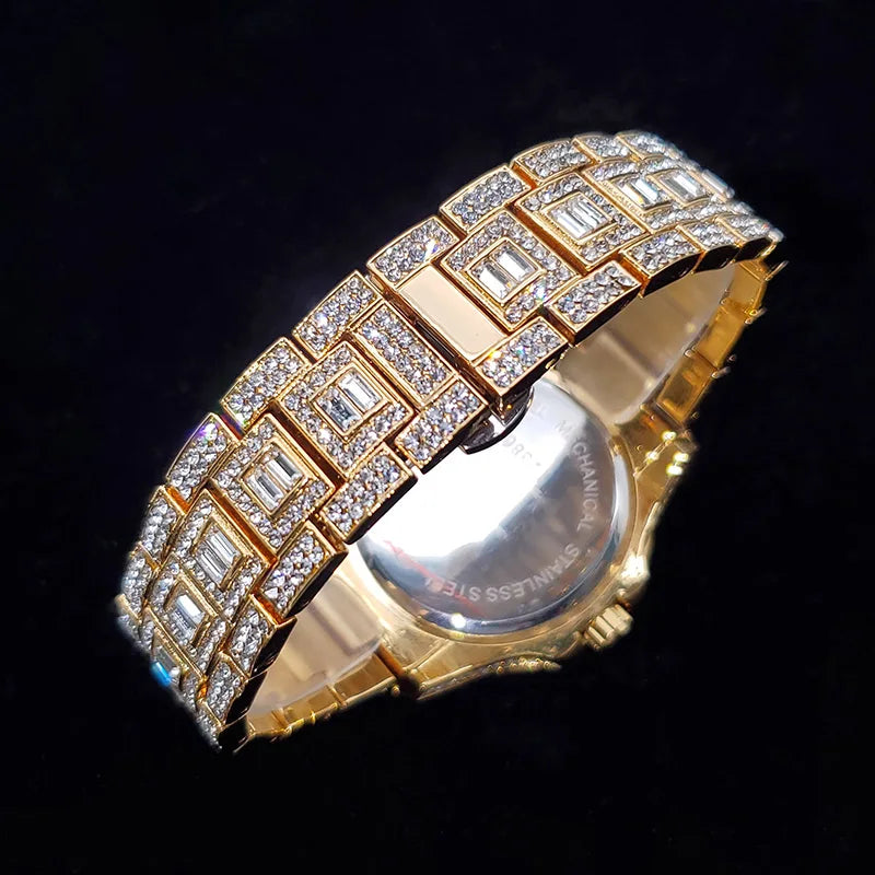 Luxury Diamond Watch for Men Fashion Bling Iced Out Day Date Watches Hip Hop Golden Stainless Steel Quartz Man Clock Hot Sale