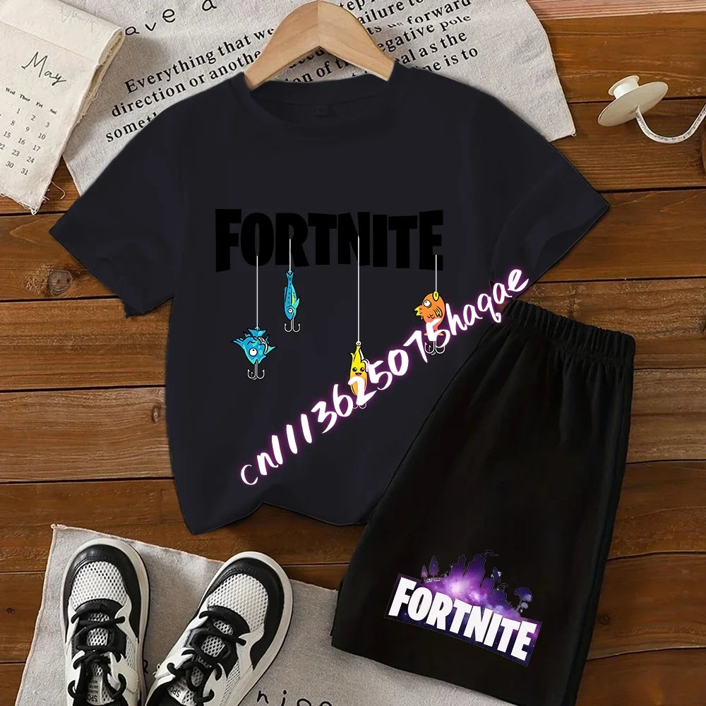 Completo estivo Fortnite con T-shirt e shorts per bambini e bambine, set 2 pezzi, abbigliamento bambino con top, T-shirt e pantaloncini, stampa Fortress Night, idea regalo