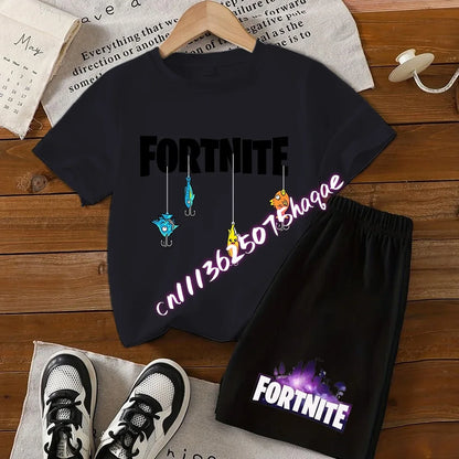 Completo estivo Fortnite con T-shirt e shorts per bambini e bambine, set 2 pezzi, abbigliamento bambino con top, T-shirt e pantaloncini, stampa Fortress Night, idea regalo