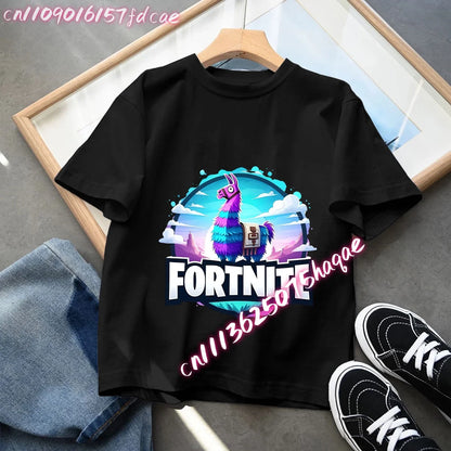 T-shirt preta em algodão para criança Fortnites Fortress Night, manga curta, estilo cartoon, para menino e menina, roupa de verão kawaii, top para oferta