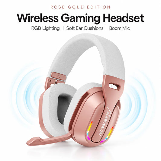 Casque de jeu, casque supra-auriculaire Bluetooth et filaire avec éclairage RGB, microphone, coussinets d’oreille souples pour jeux sur PC et mobile, couleur or rose.