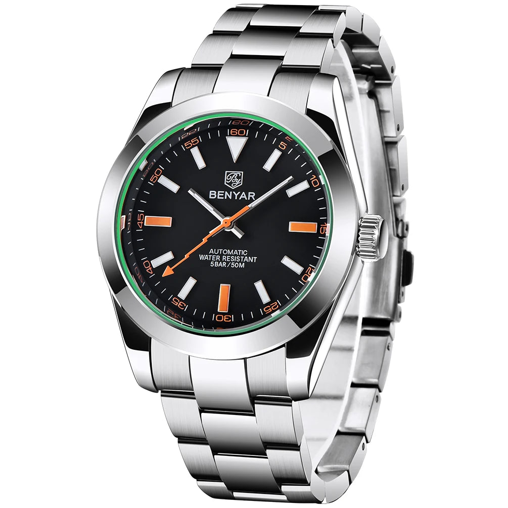 BENYAR – Neue Herrenuhr, Luxusmarke, mechanische Automatikuhr, wasserdicht bis 50 m, sportliches Modell mit leuchtenden Zeigern