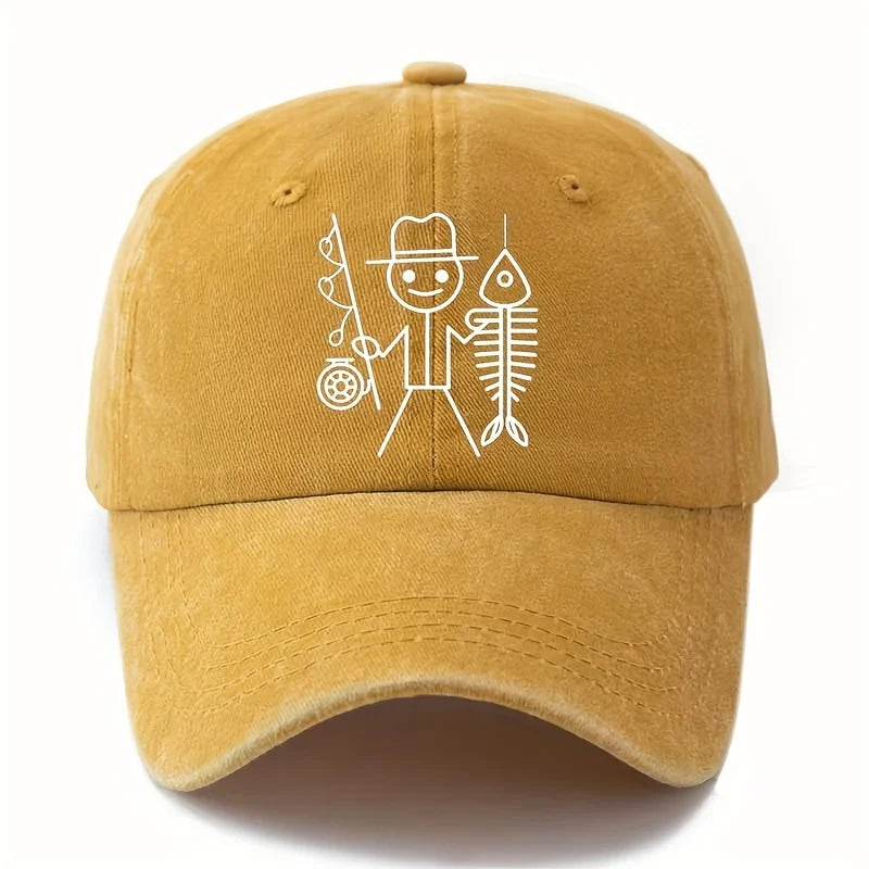 Printed cartoon man fishing baseball cap, outdoor curved brim cap, truck driver cap, vacation travel camping