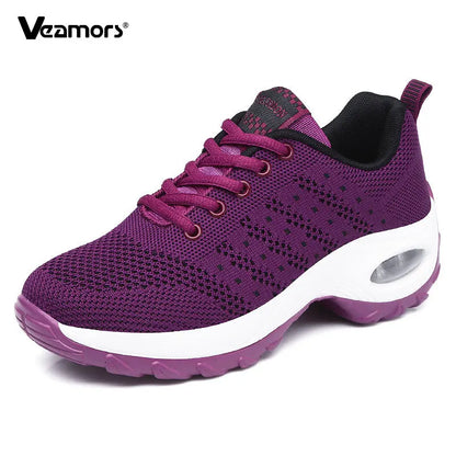 Ténis de moda para mulher, leves, para corrida, para desportos ao ar livre, em malha respirável, confortáveis, com almofada de ar e com atacadores
