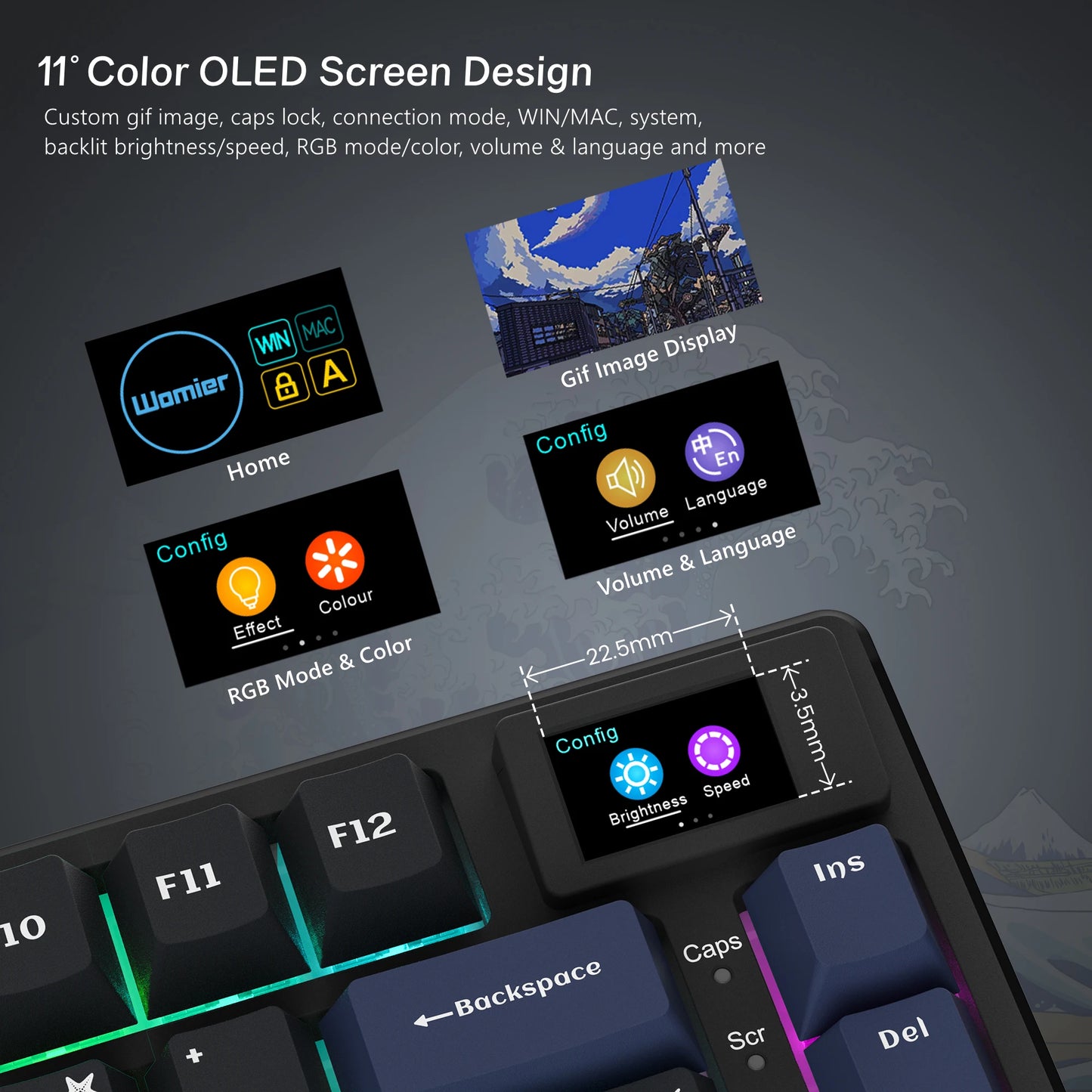 Tastiera gamer Womier S-K80 con display OLED a colori, tastiera meccanica gaming hot-swap con struttura gasket mount, RGB personalizzabile