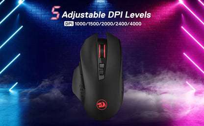Ratón gaming inalámbrico Redragon M656 Gainer, 4000 DPI, ratón gamer inalámbrico 2.4Ghz con 5 niveles de DPI, 7 botones macro, retroiluminación LED roja