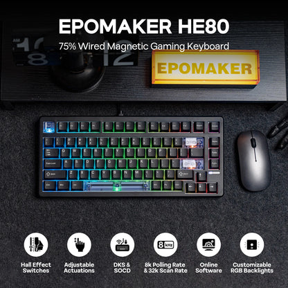 Tastiera meccanica magnetica EPOMAKER HE80 75% layout US QWERTY hot-swap Creamy Gasket cablata con effetto Hall, DKS SOCD per PC/Mac