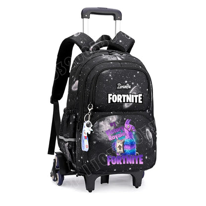 Mochila com Rodas Fortnite Anime, Impermeável, de Grande Capacidade, para Estudante — Saco Escolar Casual de Viagem com Carrinho e Subida Fácil de Escadas
