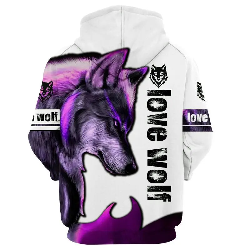 Hoodies de Outono com Leão e Lobo, Pele de Tigre Branco, Impressão 3D Integral, Sweatshirt de Homem Unissexo com Fecho, Casaco Casual de Pulôver