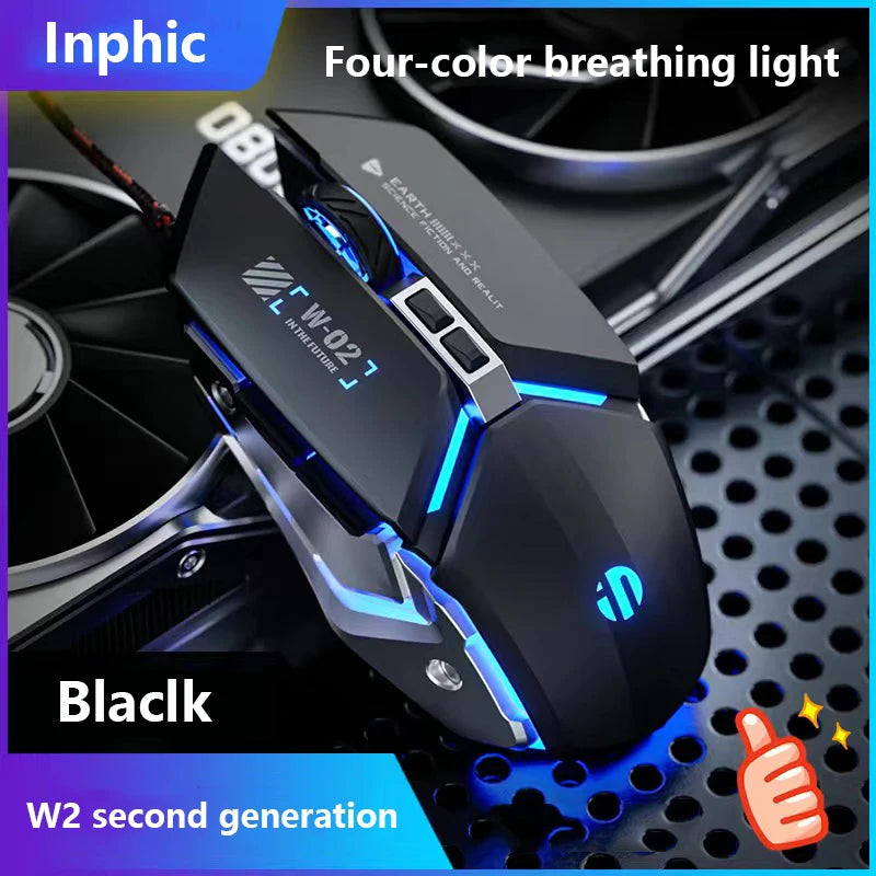 Inphic W2 2. Generation USB-kabelgebundene Gaming-Maus mit Silent Click, Metall-Style, 6-Tasten-Makroprogrammierung, 8800DPI