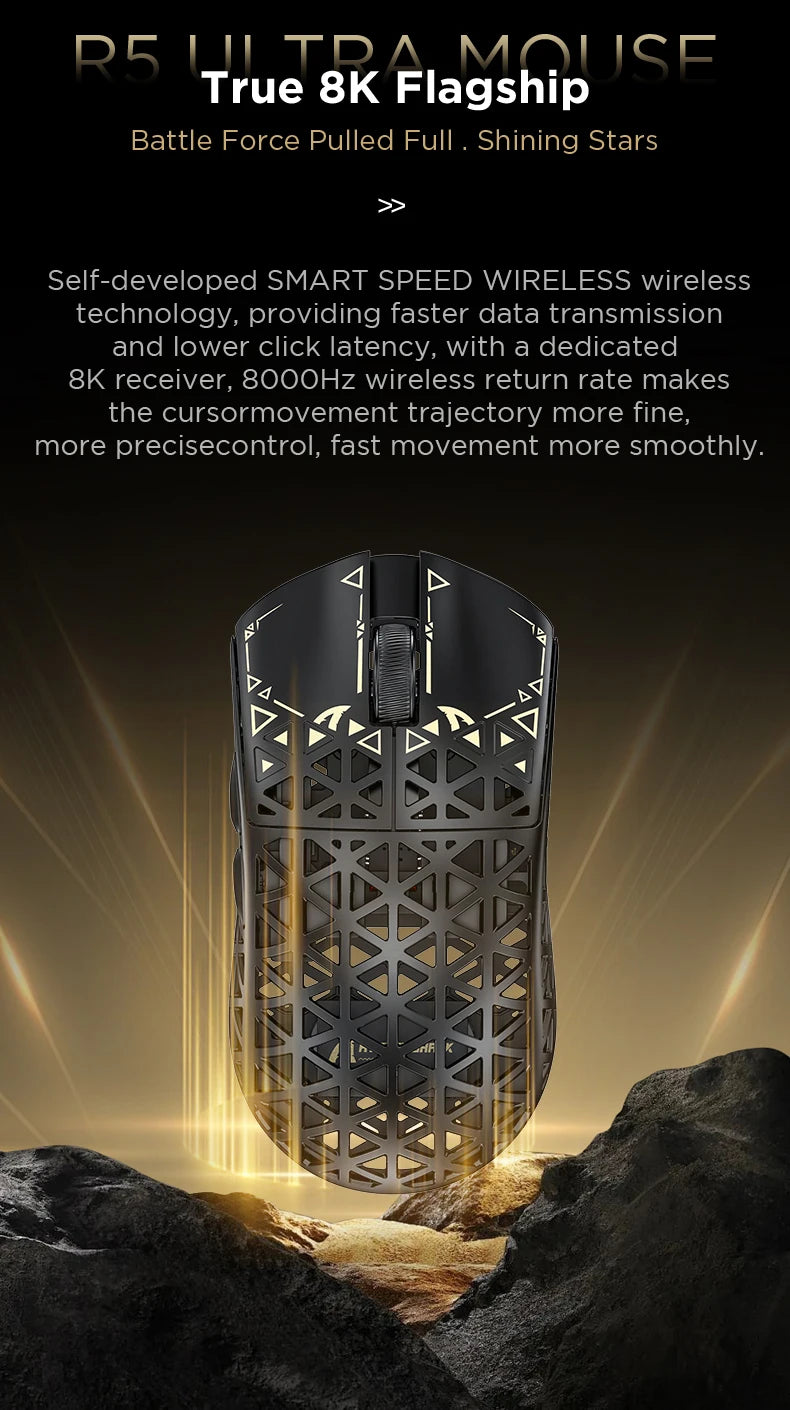 ATTACK SHARK R5 ULTRA Kabellose Gaming-Maus – 8K Polling, PAW3950MAX-Sensor, 42,000 DPI, ultraleicht aus Carbonfaser für Pro-Esport