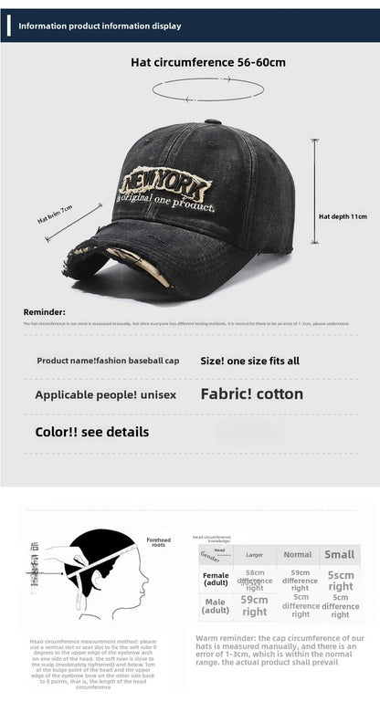 Vintage Old Hole Embroidery Letters Cowboy Baseball Cotton Soft Top Men's and Women's Spring and Summer Casual 56-60cm Sun Hat