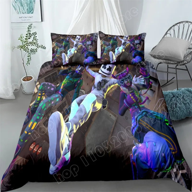 Fortnite-Bettwäsche-Set, 3-teilig, 3D-Druck, Bettwäsche für Schlafzimmer, Gaming-Cartoon-Dekor, Bettbezug und Kissenbezug, Geburtstagsgeschenk