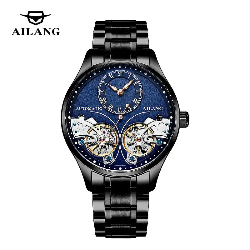 AILANG Brand New Fashion Double Tourbillon Watch for Men Luxury Stainless Steel Waterproof Automatic Mechanical Watches