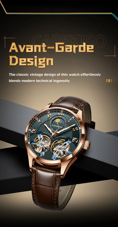 CAREKISO Fashion Men's Clock Double Hollow Tourbillon Automatic Mechanical Man Watch Waterproof Luminous Leather Men's Watches+Box