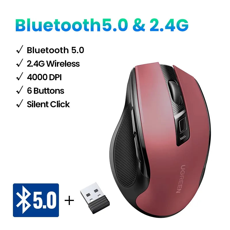 UGREEN kabellose Maus Bluetooth 5.0, ergonomische Maus 4000DPI mit 6 leisen Tasten, für MacBook, Tablet, Laptops, Computer, PC, 2.4G-Maus