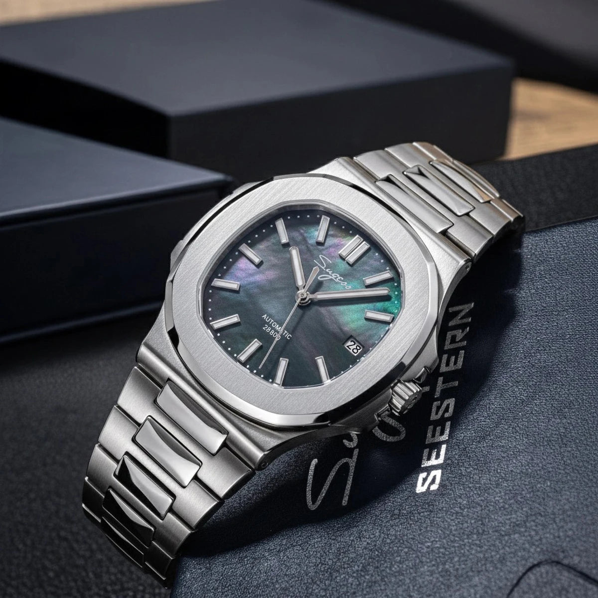 Sugess Herrenuhr, automatische mechanische Armbanduhr, Miyota 9015 Uhrwerk, MOP-Zifferblatt, Leuchtfunktion, wasserdicht bis 5bar, Luxus-Armband S466