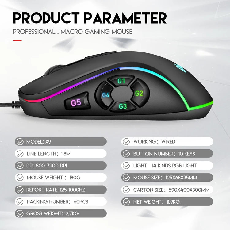 Kabelgebundene Gaming-Office-Maus 7200DPI mit RGB-Hintergrundbeleuchtung, 6 einstellbaren DPI-Stufen/10 programmierbaren Tasten/Zurück-zum-Desktop-Taste