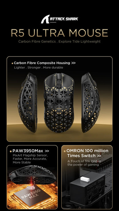 Rato Gaming Sem Fios ATTACK SHARK R5 Ultra em Fibra de Carbono, Sensor Gaming PixArt PAW3950MAX, 42000DPI, 8000Hz, MCU Nordic 52840