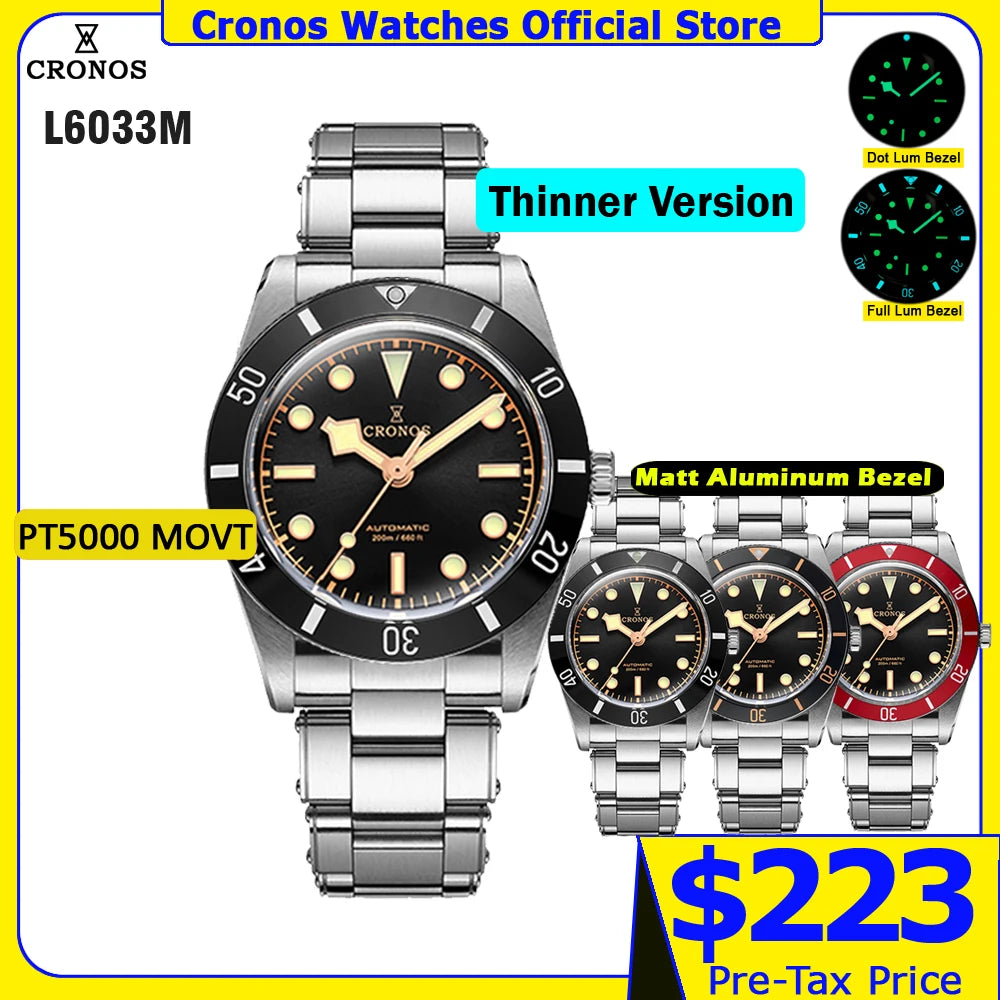 Cronos Luxury Men Watch 37mm Diver BB54 Vintage Automatic Wristwatches Female End Links Sapphire 20 Bar L6033