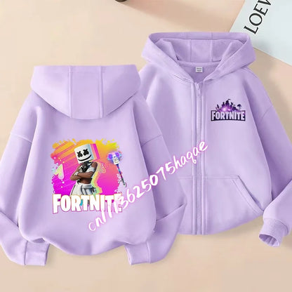 Casaco Outdoor Infantil Cartoon FORTNITED para Rapariga e Rapaz, Sweatshirt com Fecho, Corta-Vento Fino de Alta Qualidade para Outono, Peça Superior de Vestuário