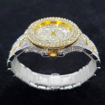 Luxury Diamond Watch for Men Fashion Bling Iced Out Day Date Watches Hip Hop Golden Stainless Steel Quartz Man Clock Hot Sale