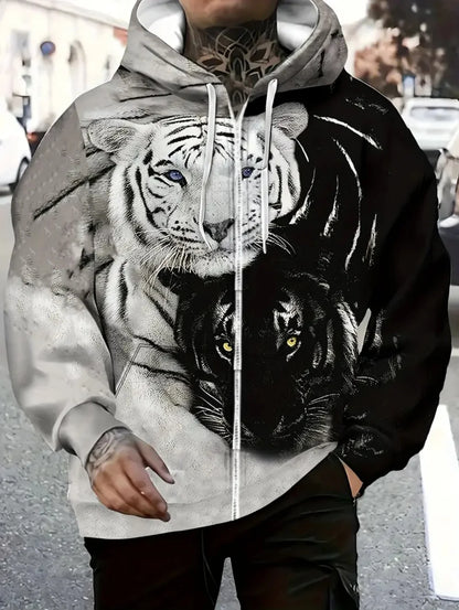 Sweatshirt com capuz e fecho para homem 2025, manga comprida, gráfico de tigre, estilo casual outdoor, com cordão e bolsos