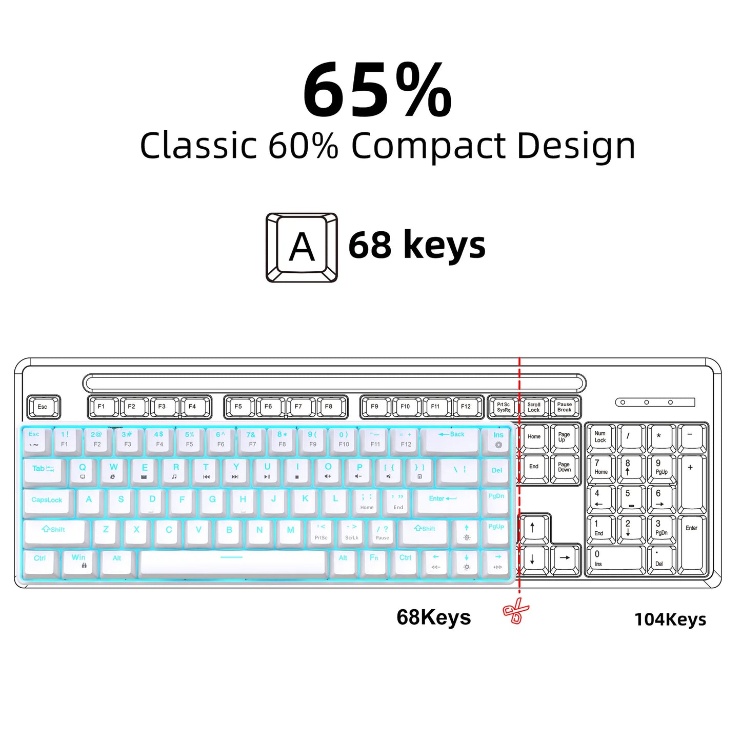 Mechanische Gaming-Tastatur 60% USB, weiße Tasten, Mini-Gamer-Tastatur, ergonomische Computertastatur mit Hintergrundbeleuchtung, Musica teclado pc
