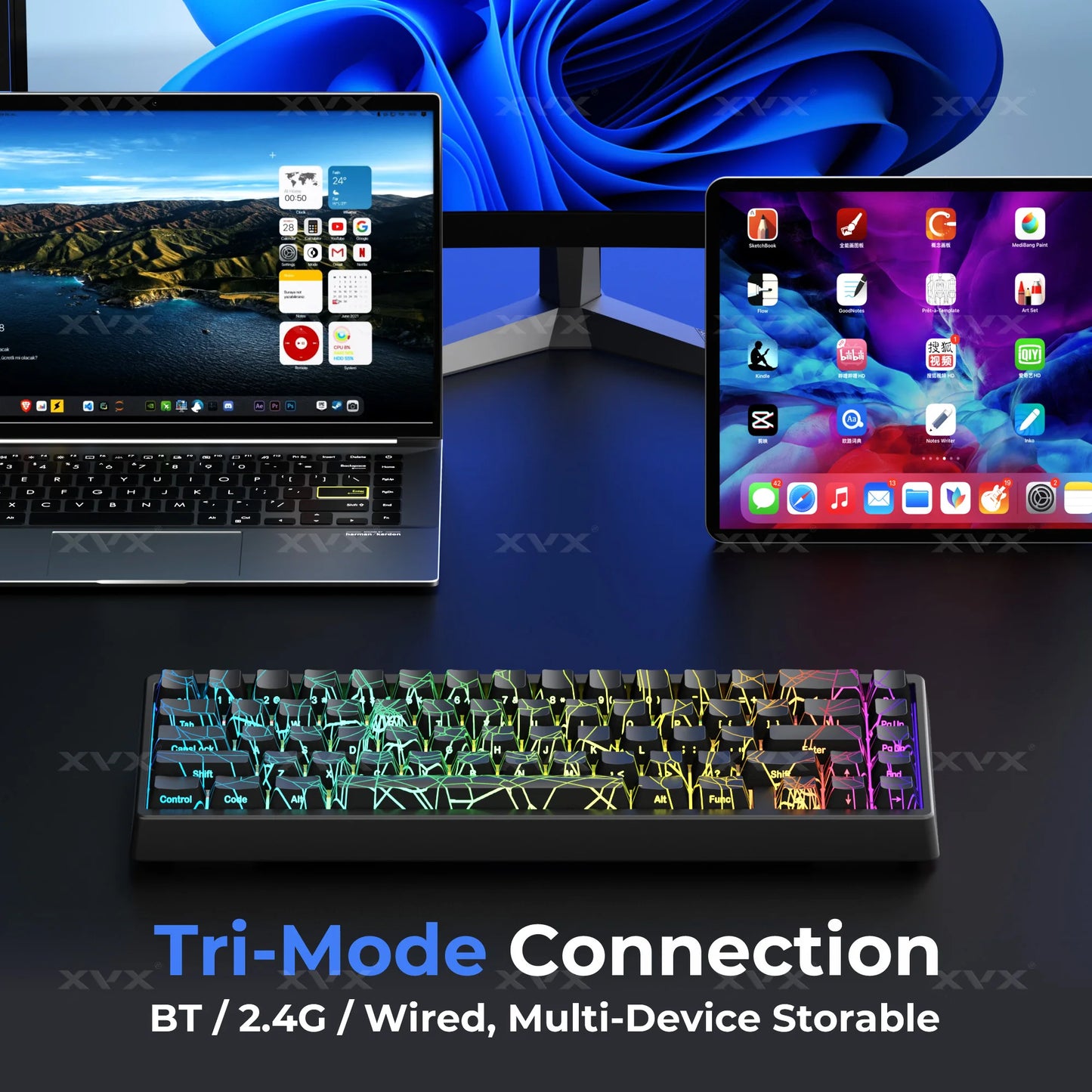 Tastiera XVX Spider Web M67 JadeStone con keycap IMD-Tech, connessione tri-mode, retroilluminazione RGB personalizzata, formato 60%